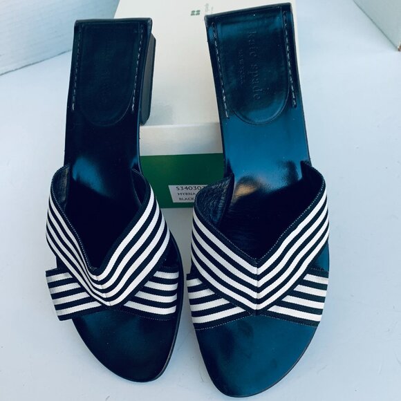 Kate Spade Myrna Sandal Black White Ribbon Stripe Size 8 M - Picture 1 of 9